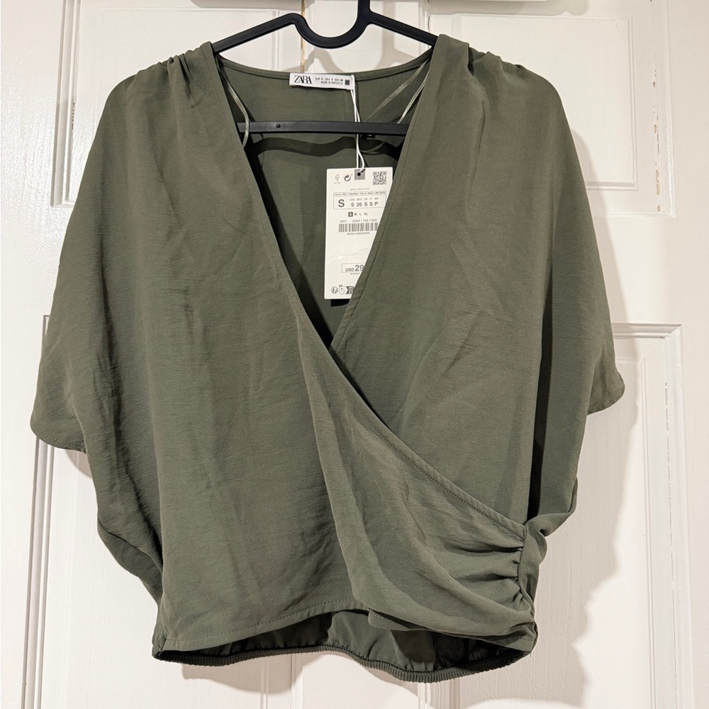 Zara Khaki Green Wrap Blouse